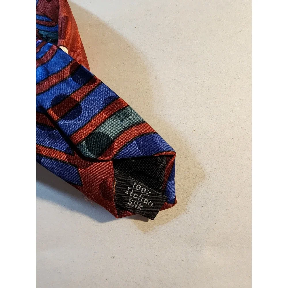 Vintage Bugatti 100% Italian Silk Tie Abstract Geometric Red Blue Purple 80s 90s